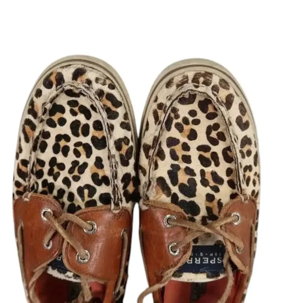 Sperry Shoes Womens 8.5 Top Sider Boat Deck Leather Leopard Print Fashion Preppy